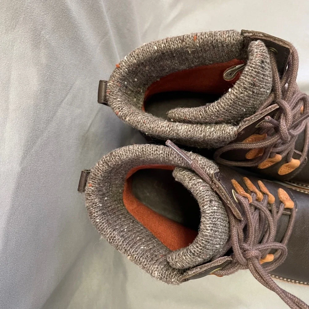 LL Bean Stonington Boots Women 8.5 Dark Brown Leather Sweater Fleece Knit TEK2.5